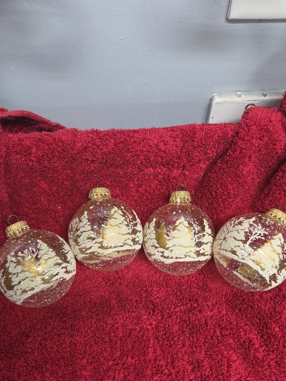 Vintage Krebs Glass Christmas Ornaments with Gold Tree Design - Set of 4